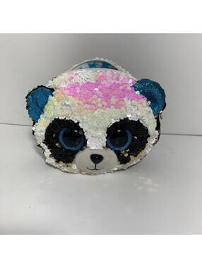 Ty Sequin Panda Face Bag Purse 8" Reversible Sparkle Sequins Plush Blue Eyes